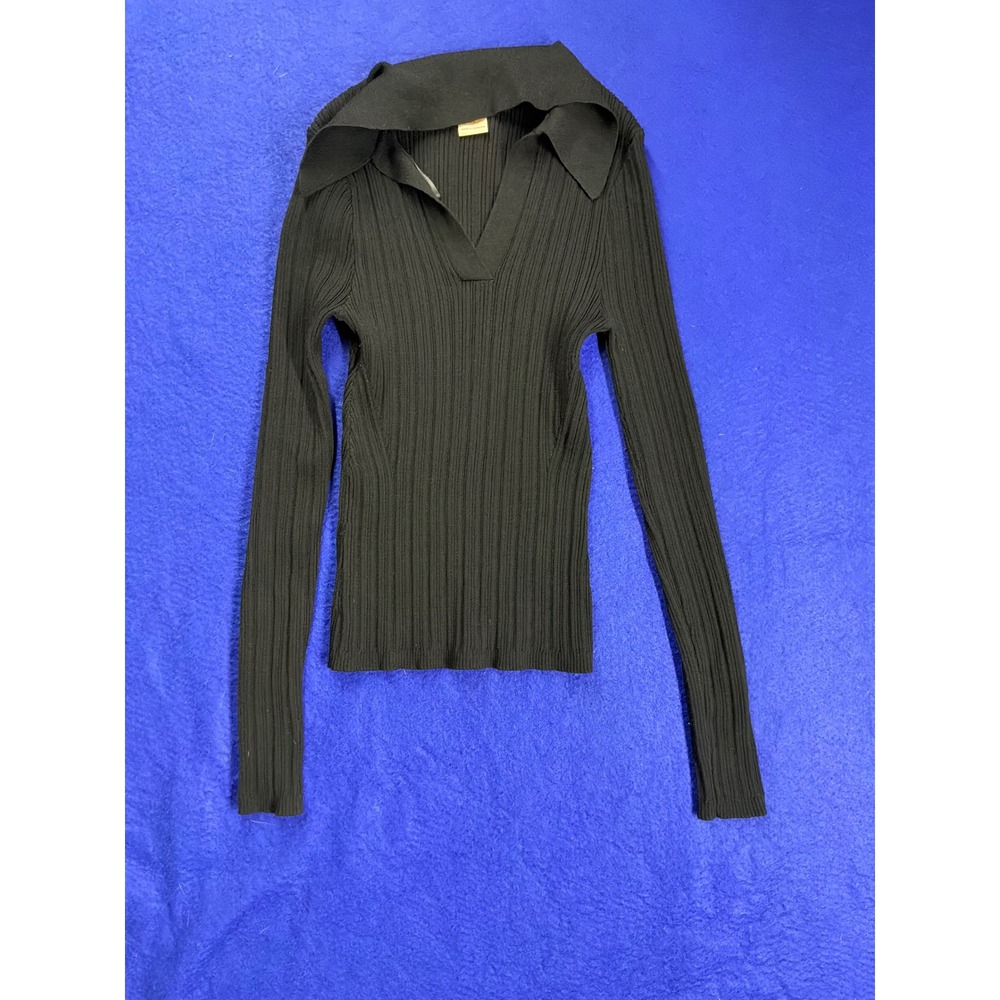 Dark Academia Womens Bailey 44 Ribbed V-Neck Polo Sweater Small Black